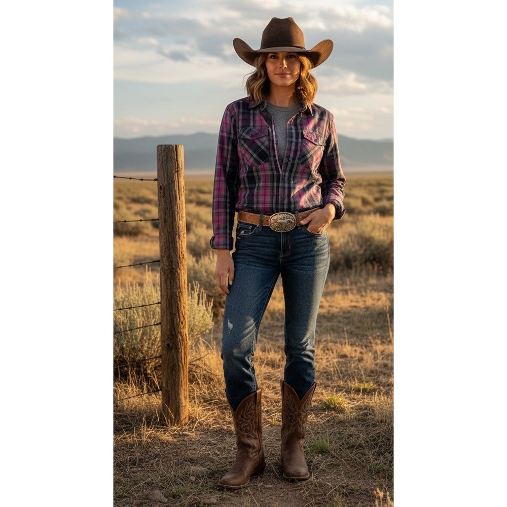 Ariat 🔥Women🤠Western Shirt Purple Plaid Front Long Sleeve Boho Cowgirl M